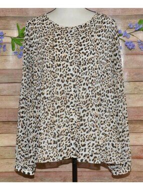 Banana Republic Animal Print Pleated Hidden Button Bishop Sleeve Top Blouse XL